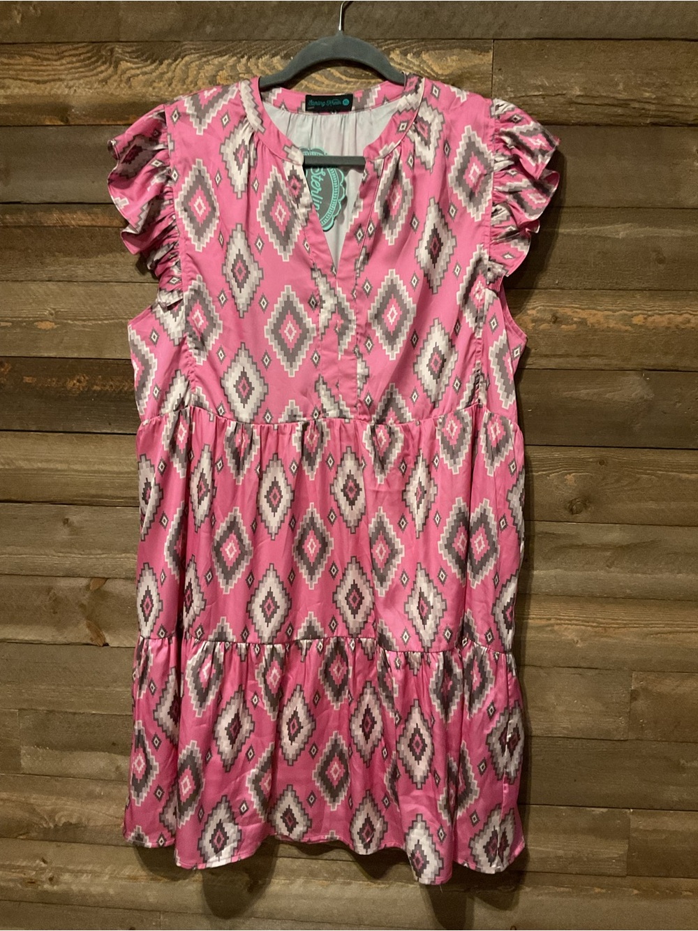 Sterling Kreek Pink Aztec Print Tiered Dress Flutter Sleeves Women’s XL NWT